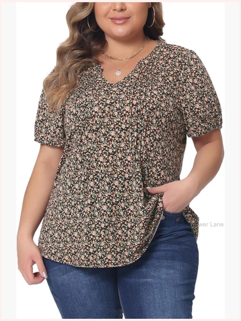 Plus Size Short Sleeve Pleated T-Shirt Notch V Neck Casual Floral Blouse
